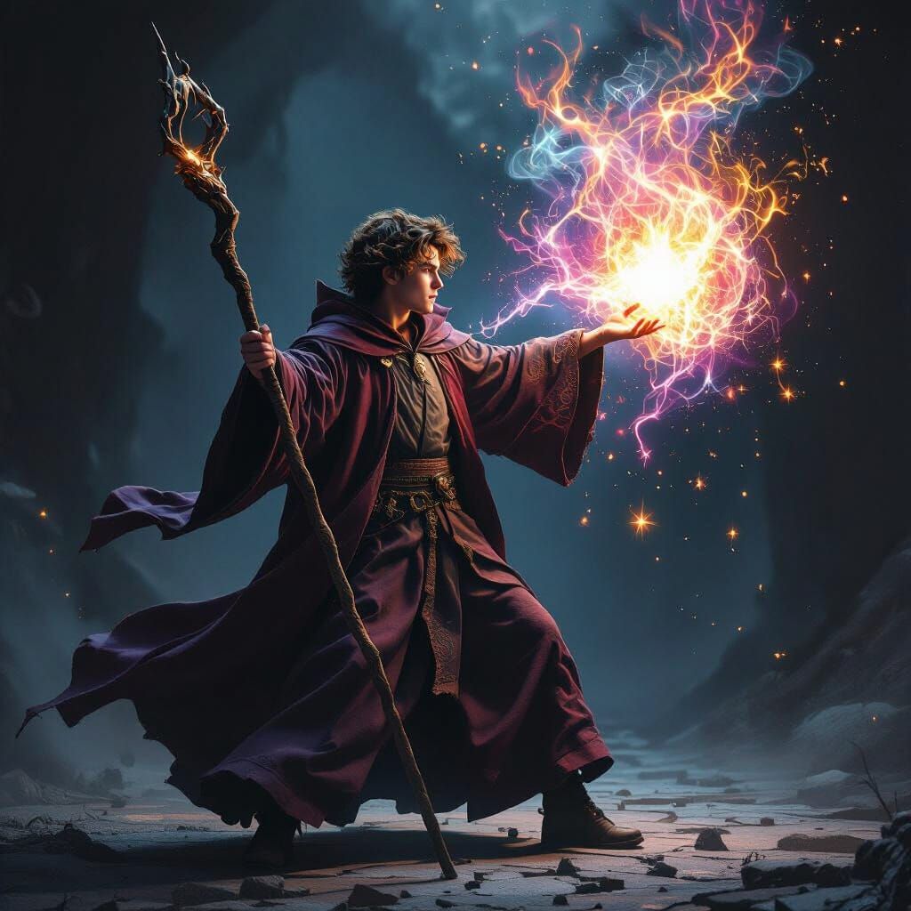 Teenage Wizard Casting a Spell with Magical Energy