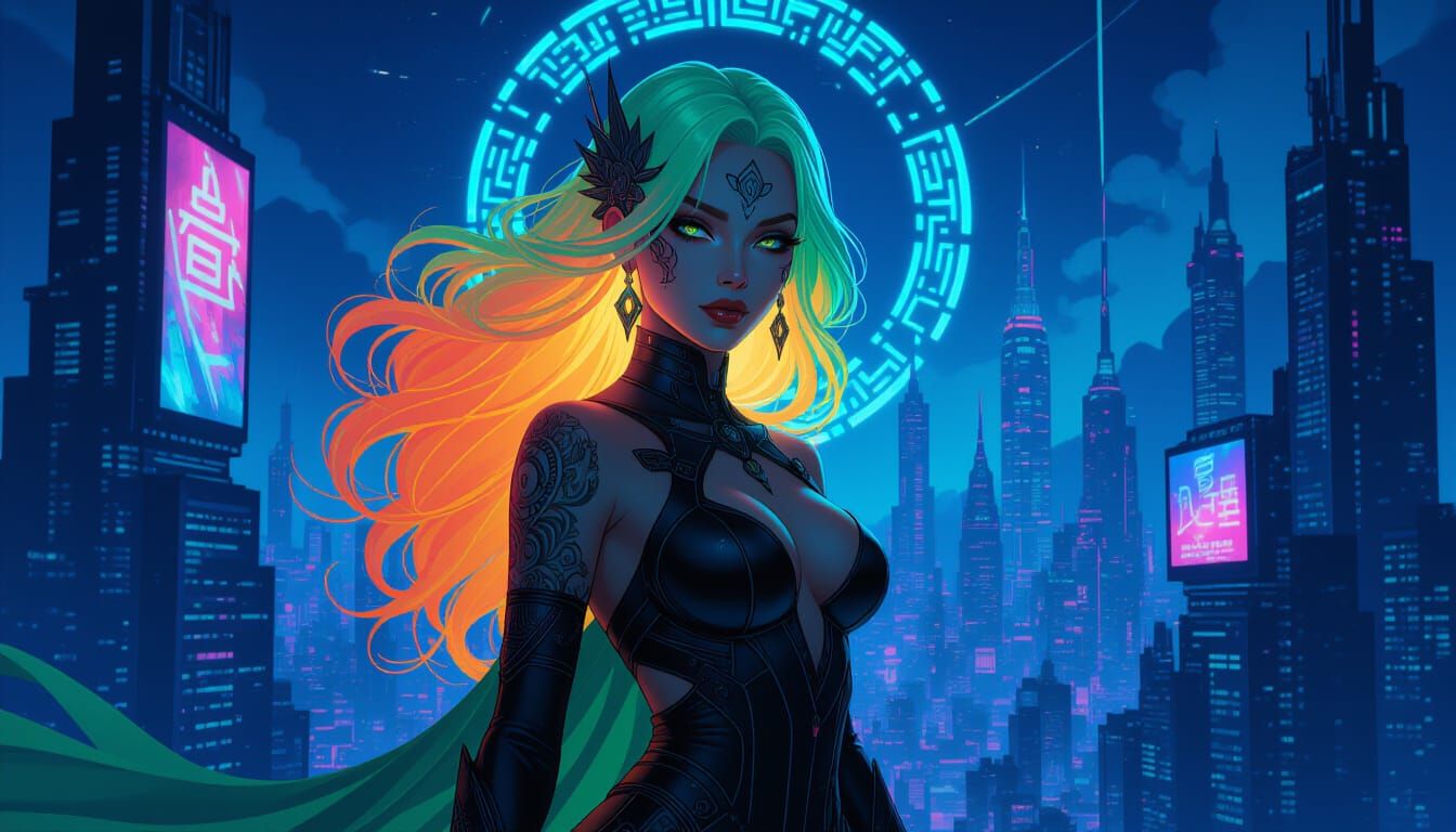 Neon Cyberpunk Goddess Portrait in Art Deco Style