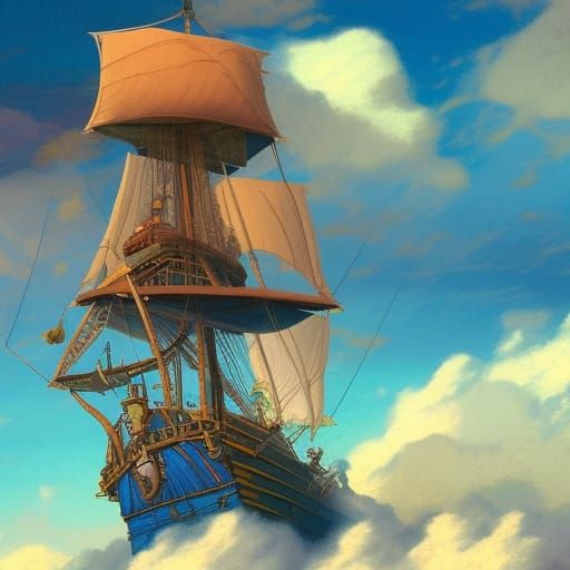Pirate Ship Soaring Through Clouds: Maximalist Digital Art
