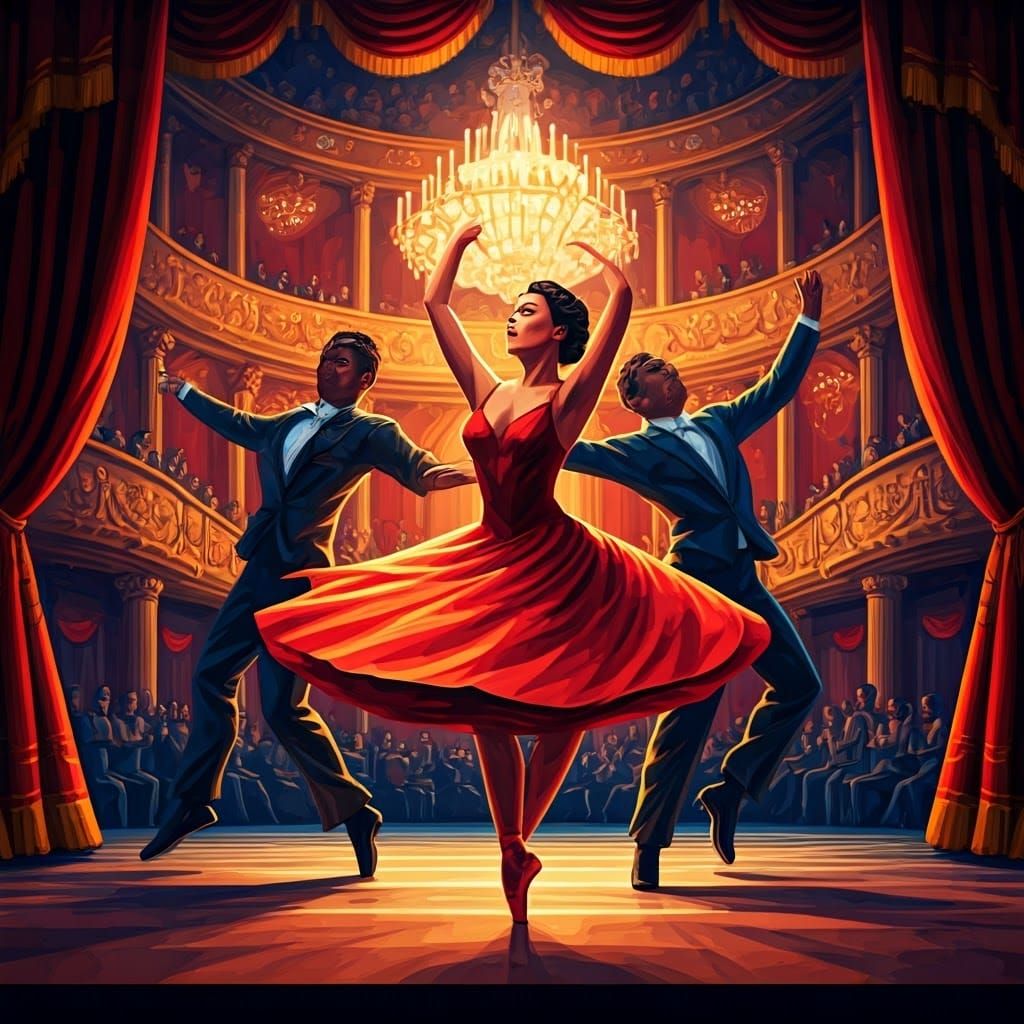 Dynamic Dancers on Stage in Cubist Style