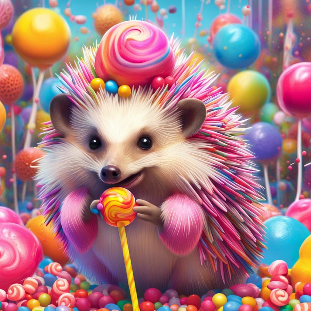 Happy Hedgehog with Lollipop in Candy Store