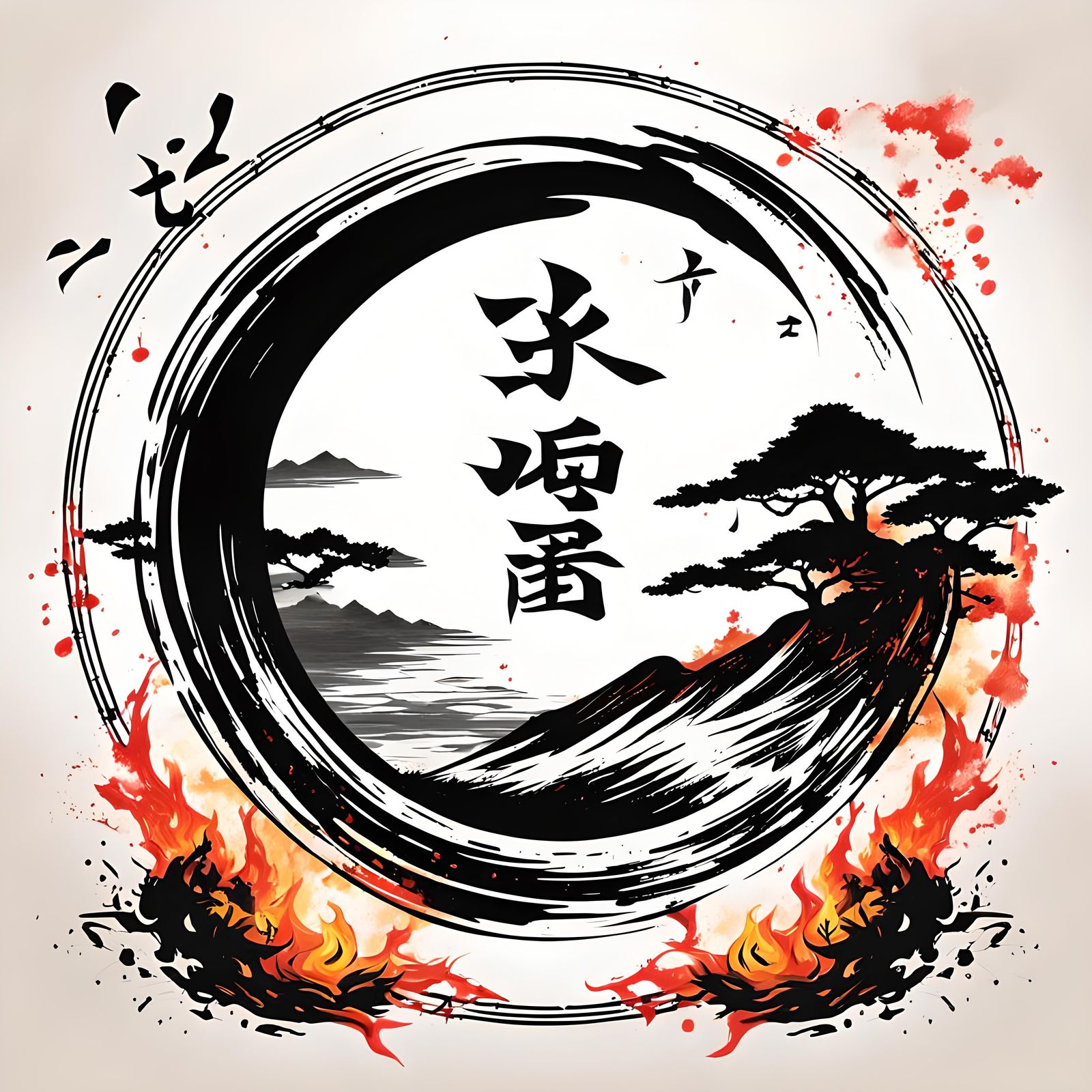 Japanese Ink Art Logo with Katana and Fire