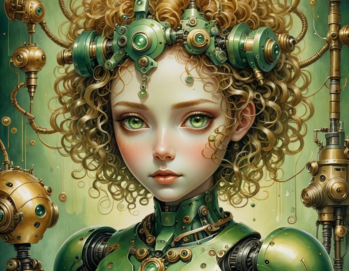 Robotic Android Girl Portrait in Watercolor Style