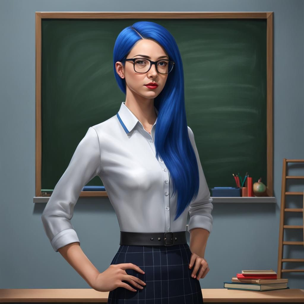 Photorealistic Portrait: Young Teacher with Blue Hair