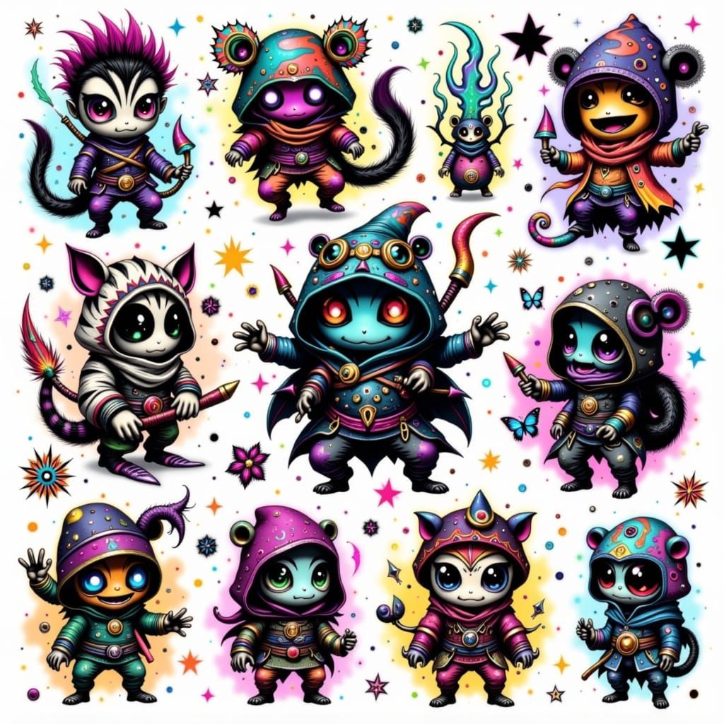 Vibrant Tattoo Flash Sheet with Kawaii Characters