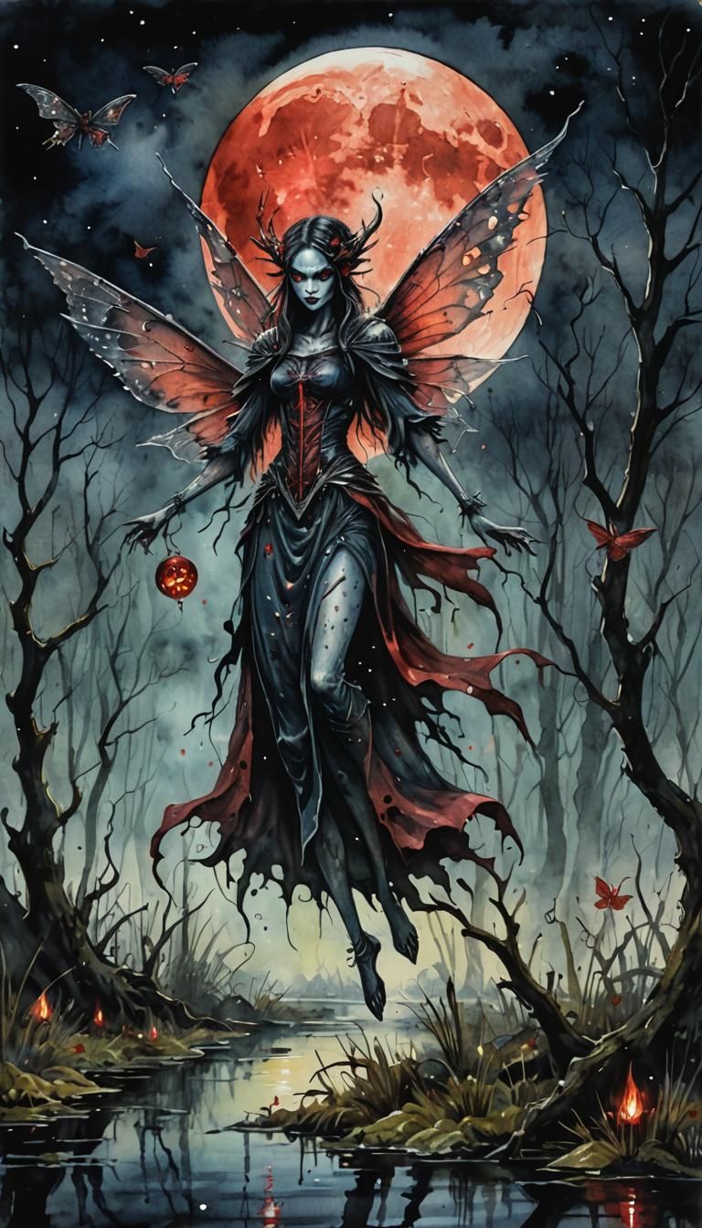 Evil Fairy Flies Over Swamp in Watercolor Style