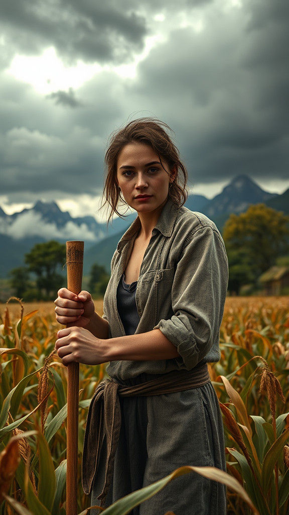 Cornfield Laborer in Foreboding Landscape, Hyperrealistic St...