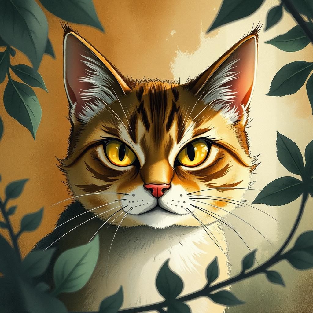 Devious Cat in Botanical Shadows Watercolor