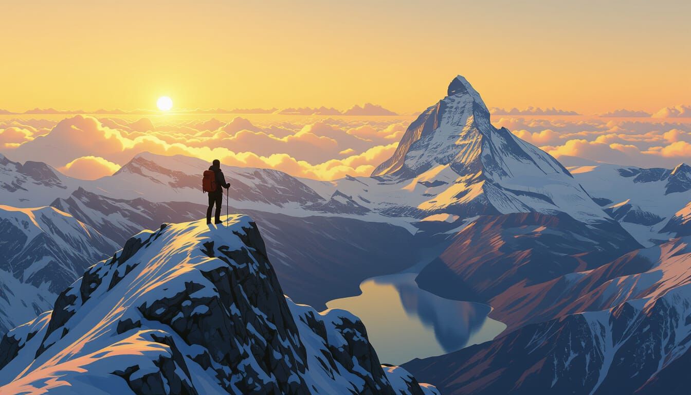 Mountain Climber Amidst Dramatic Alpine Vista