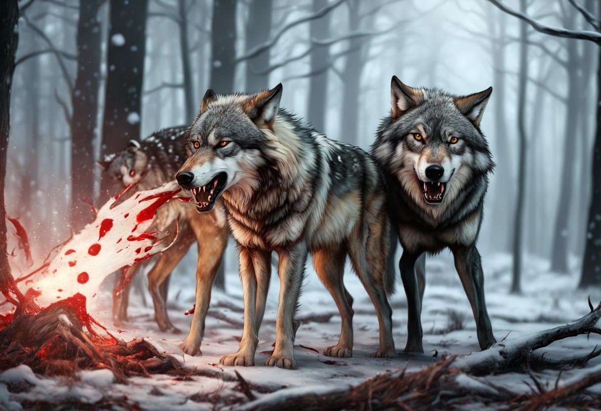 Two Wolves Feasting on Deer in Dark Fantasy Winter Forest