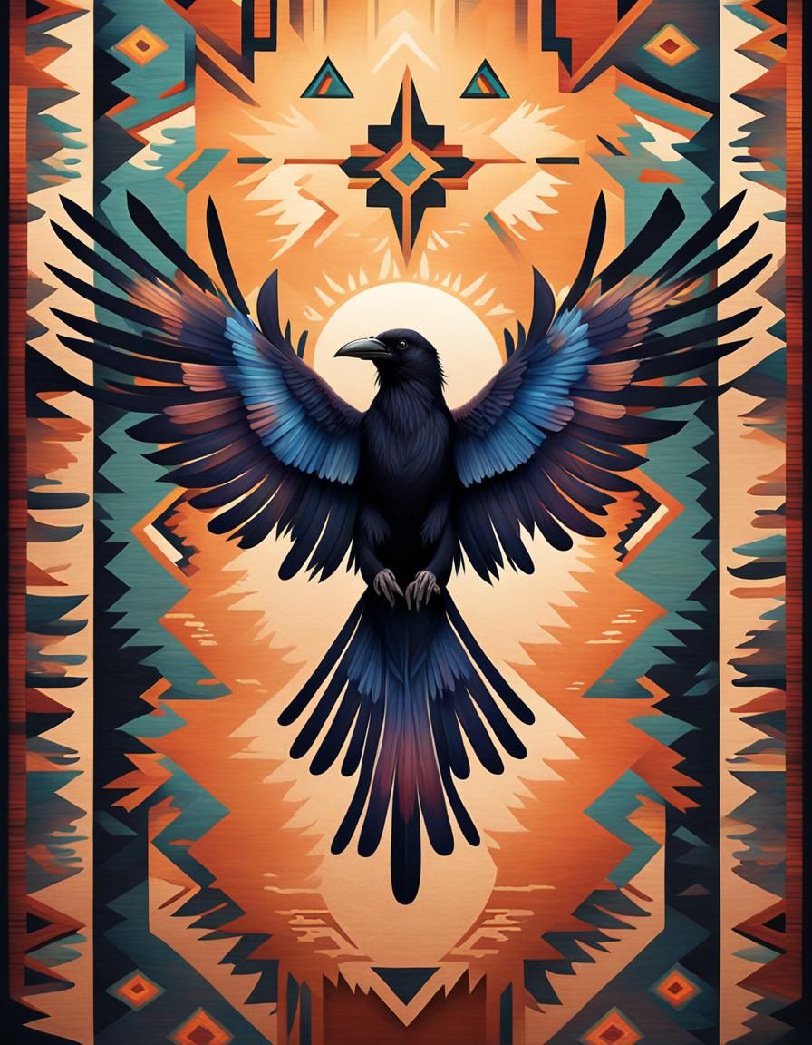 Raven on Navajo Rug in Ethereal Light