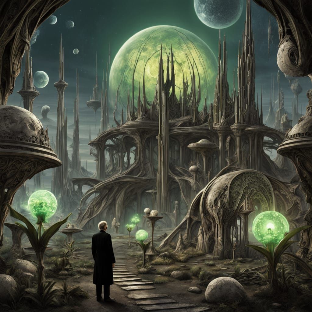 Solarpunk Scientist in a Gothic Laboratory on an Alien Plane...