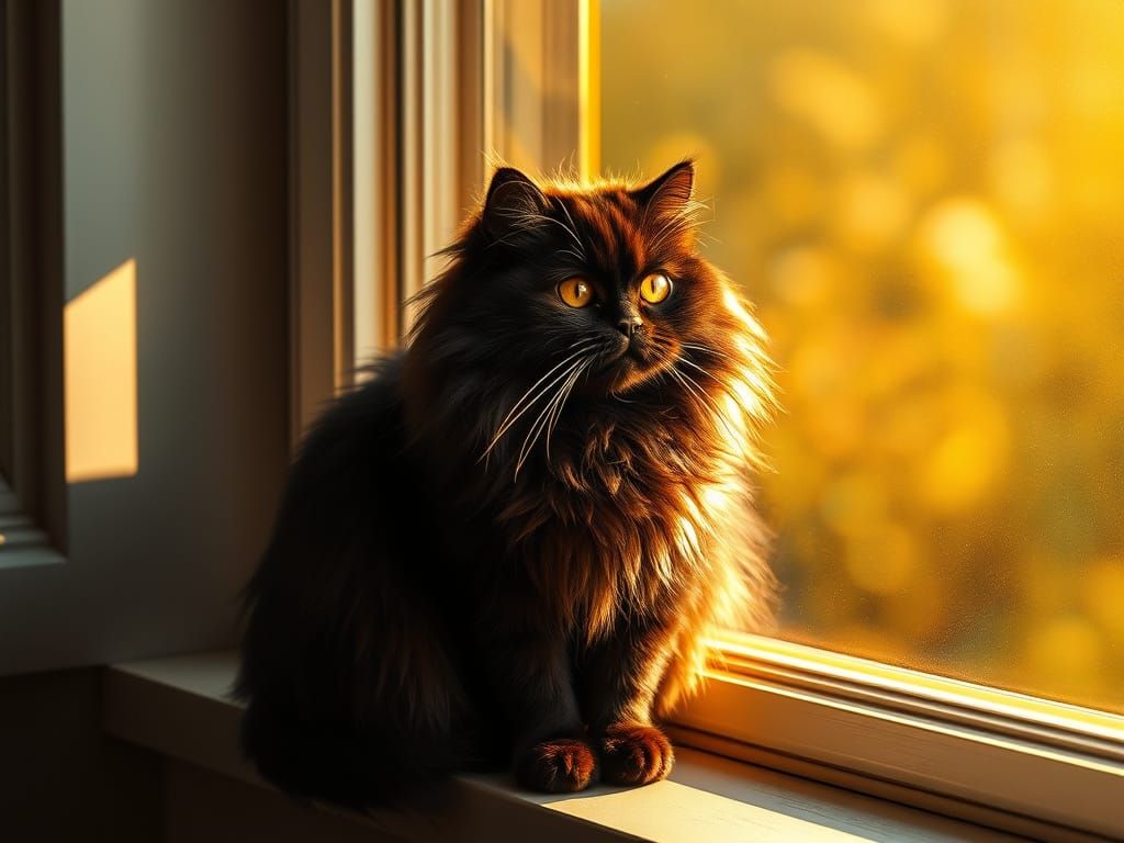Elegant Black Persian Cat Basks in Warm Sunlight