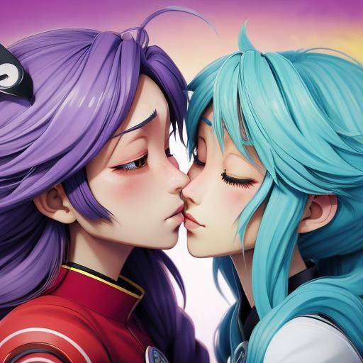 Anime Catgirls Kissing: Manga-Style Illustration