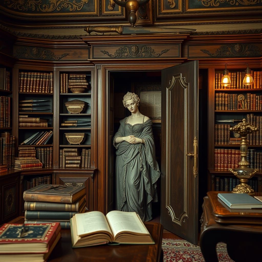 Victorian Study with Hidden Statue, Cinematic Film Still