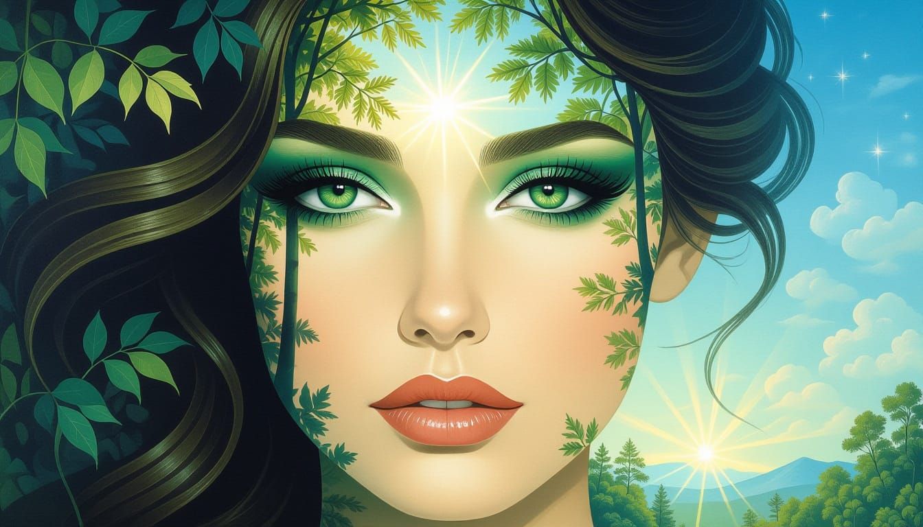 Woman's Face Merged with Nature Scene in Surreal Style