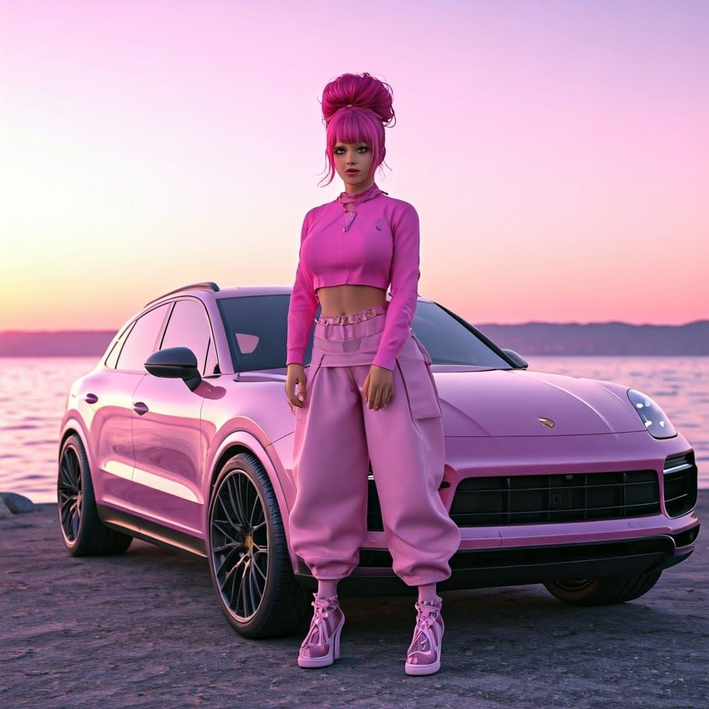 Elegant Woman Poses by Pink Porsche Cayenne at Sunset