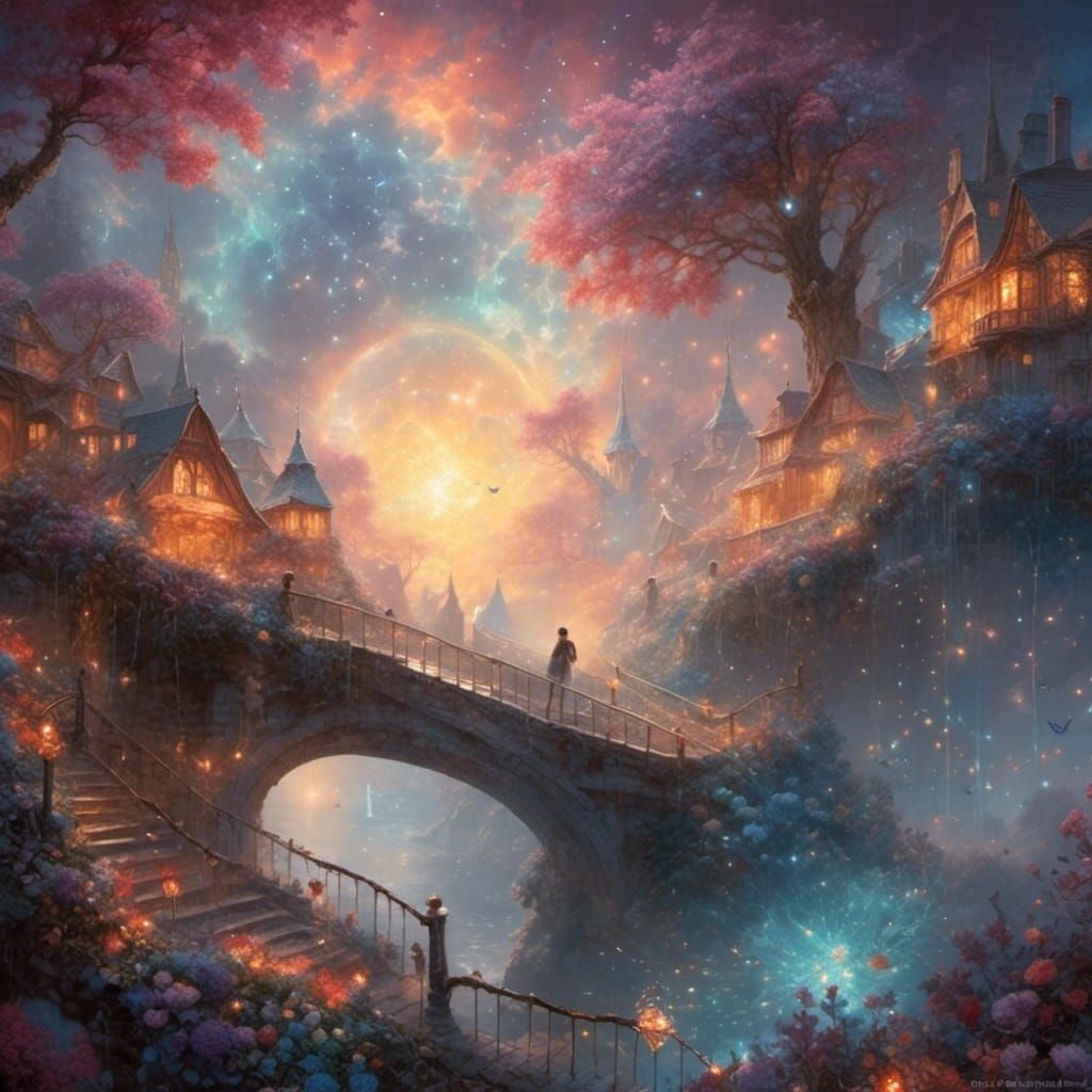 Ethereal Butterfly Over Fire in Kinkade Style