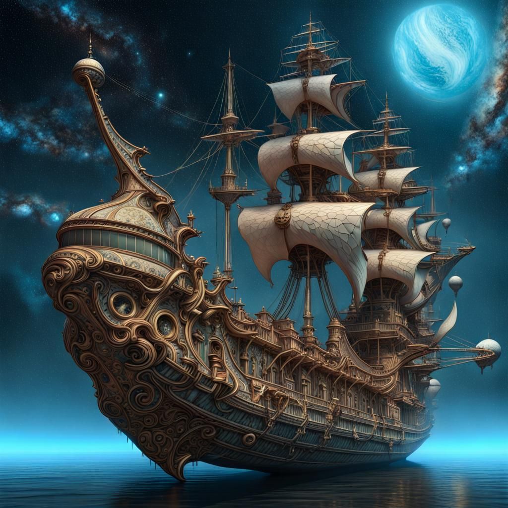 Rococo Gothic Alien Steampunk Ship in Galaxy