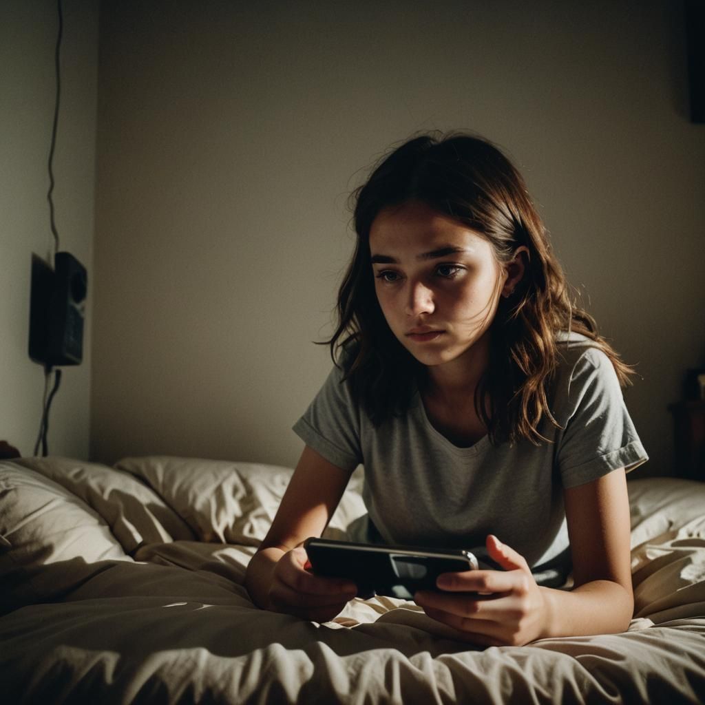 Girl Immersed in Phone's Glow: Cinematic Film Still