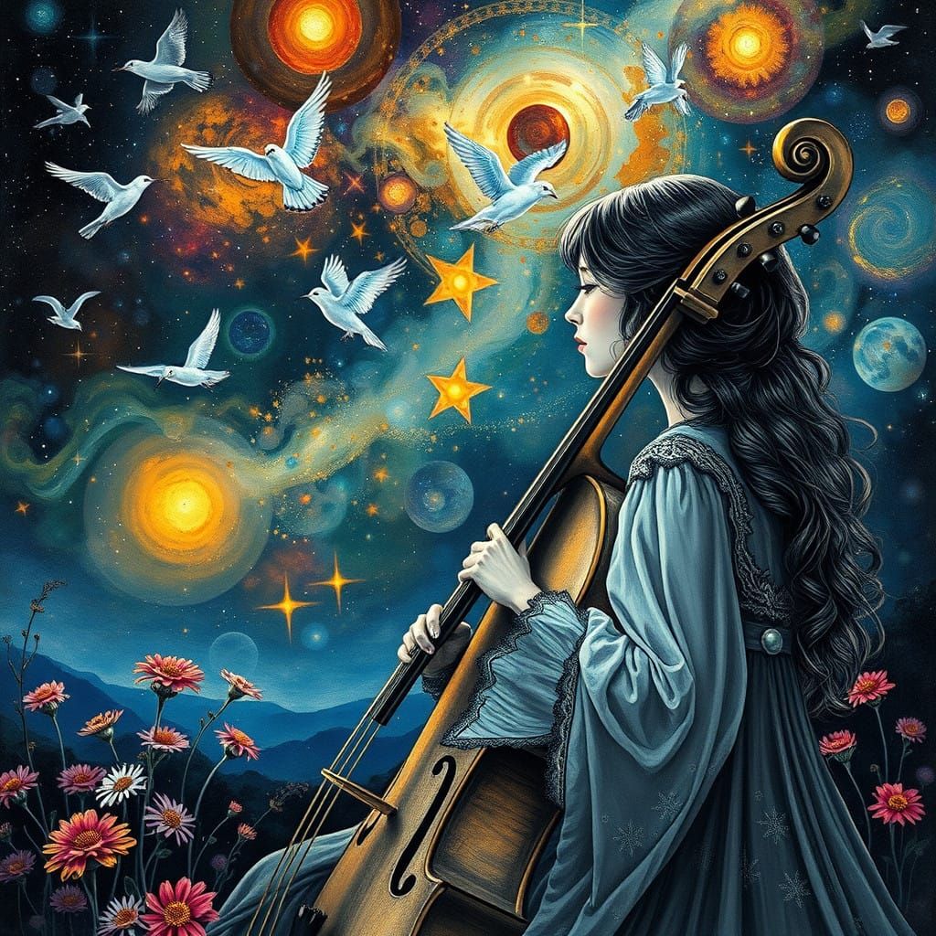 Ethereal Woman Enchants with Cello under Starry Dreamlike Sk...