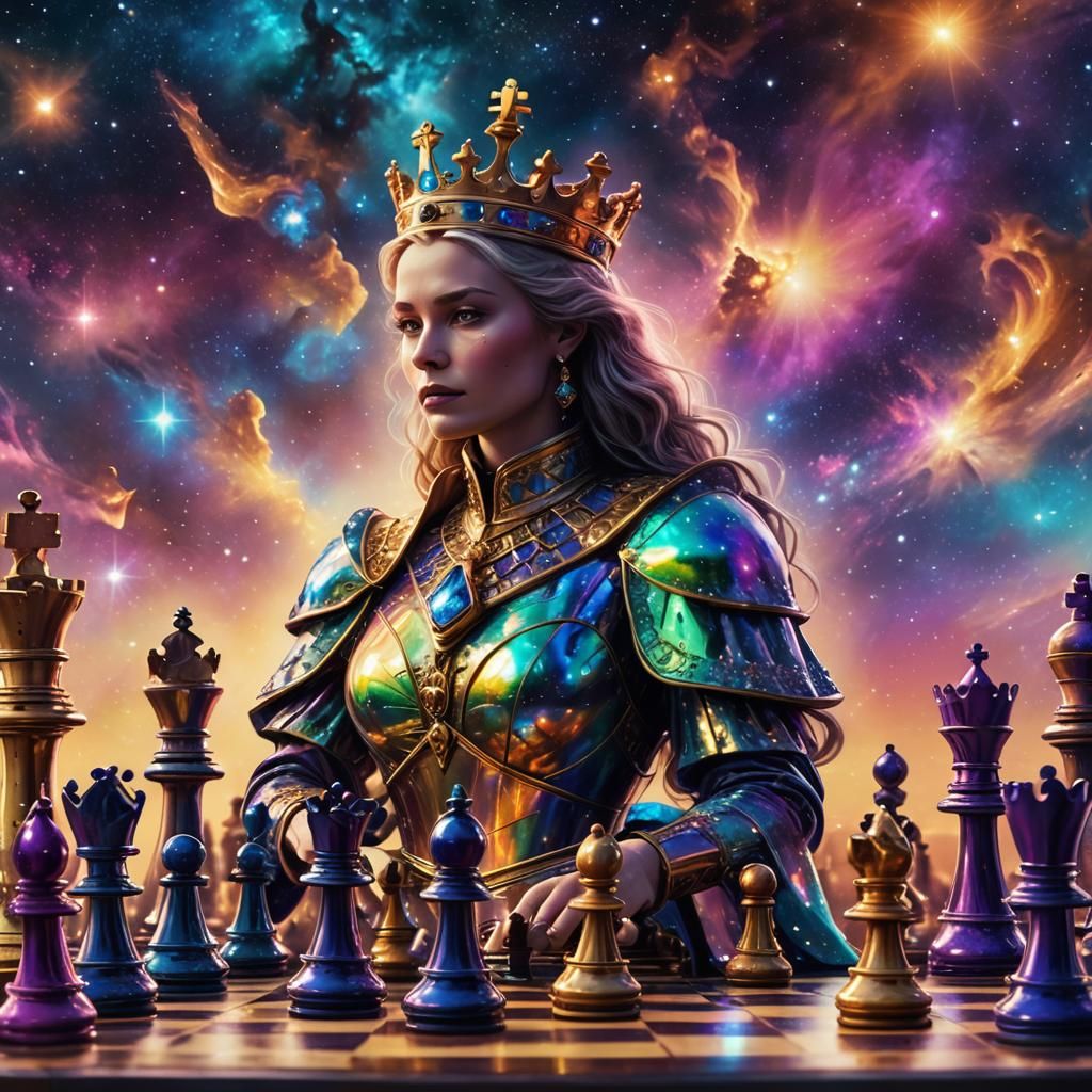 Cosmic Chess Set with Iridescent Queen in Galaxy