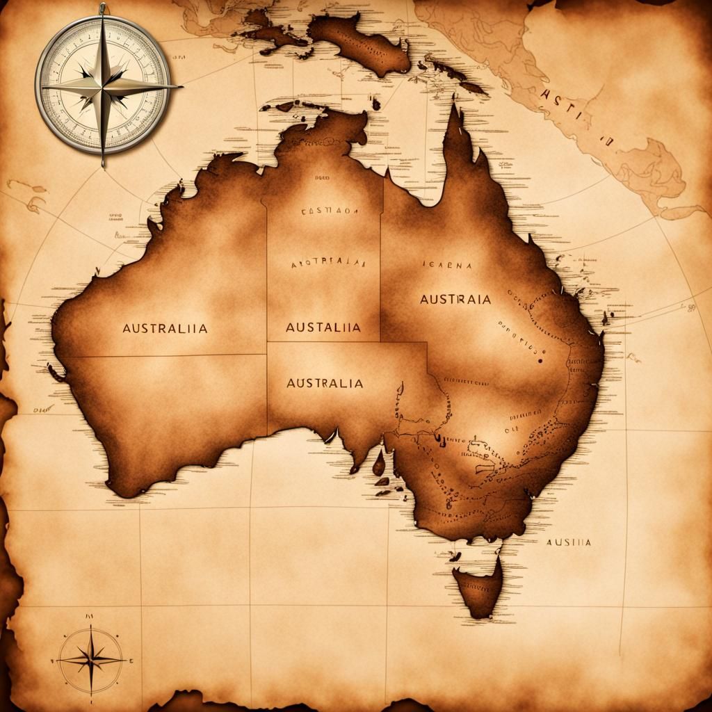 Ancient sepia toned map of Australia rotated 45 degrees with...