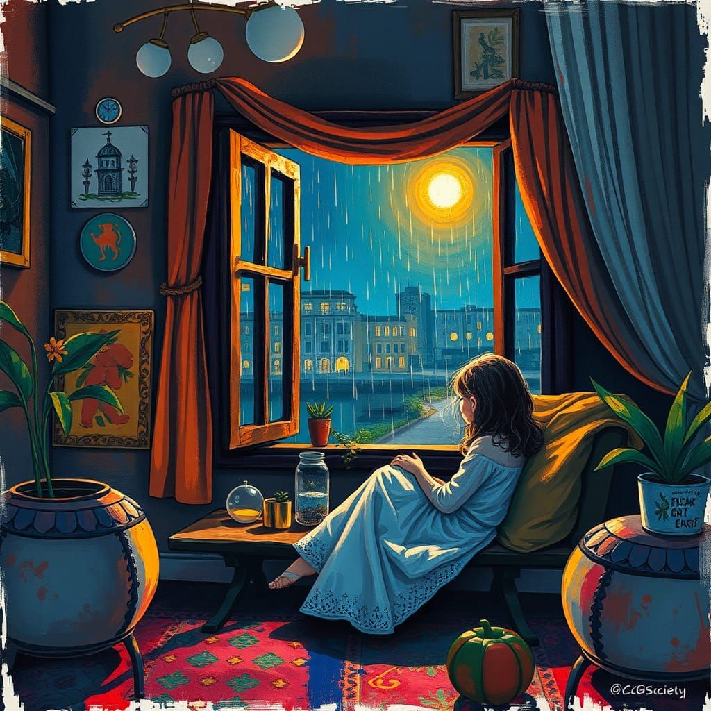Cozy Rainy Night Illustration in Moroccan Style