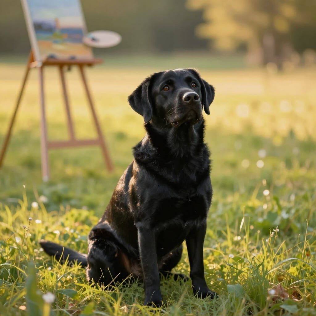 Labrador Poses in Sunlit Field as Oil Painting