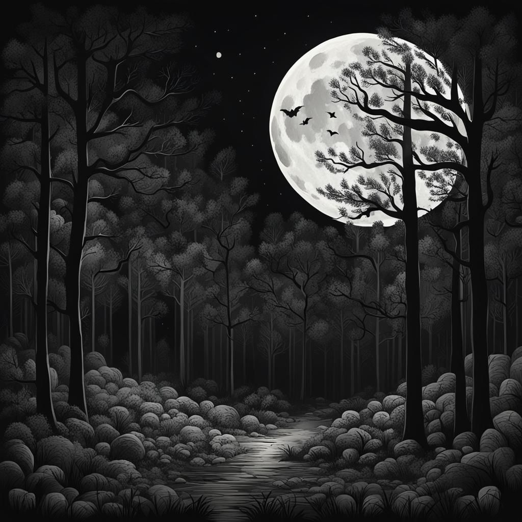 Black and White Dark Forest Night