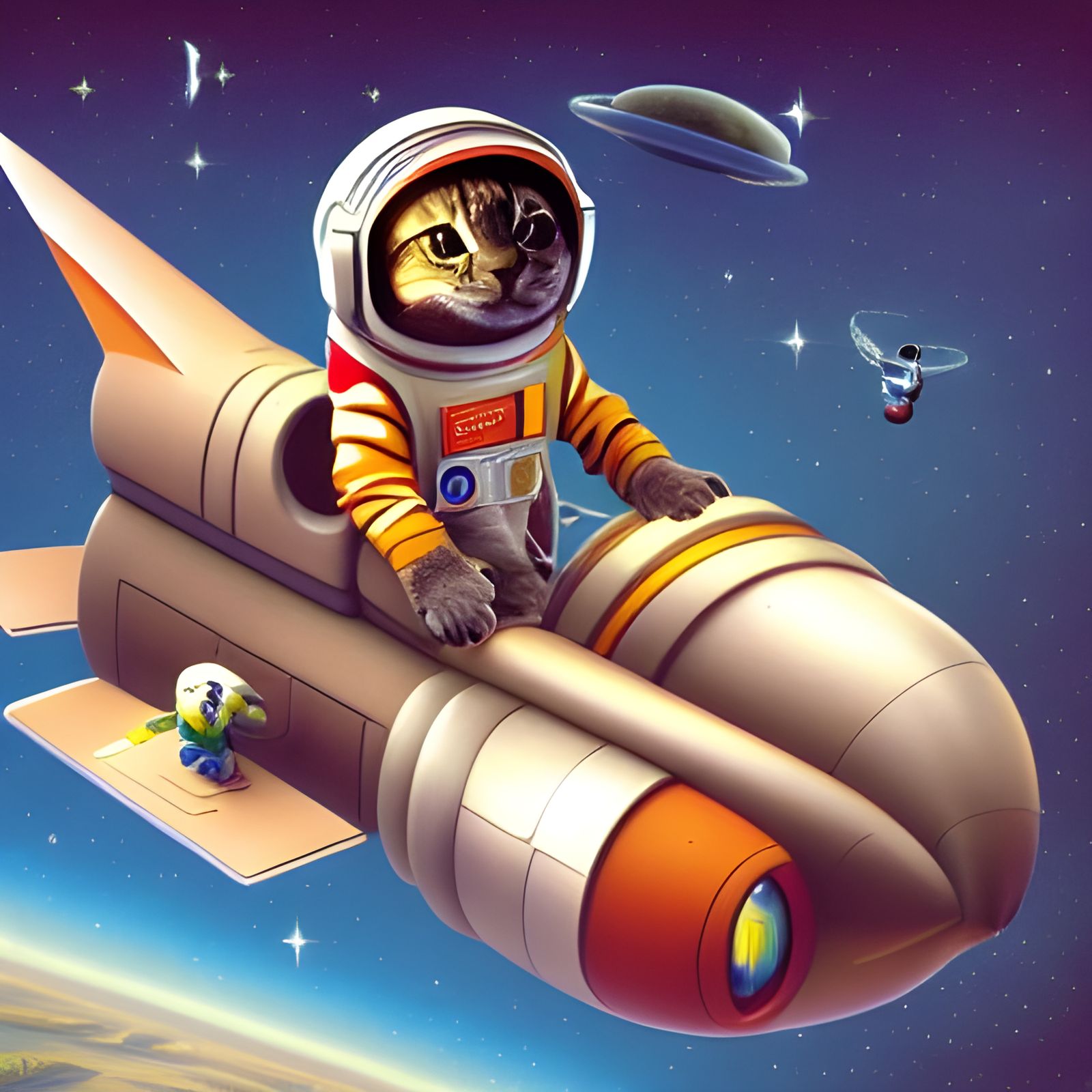 Retro-Futuristic Astronaut Kitten Piloting Rocketship