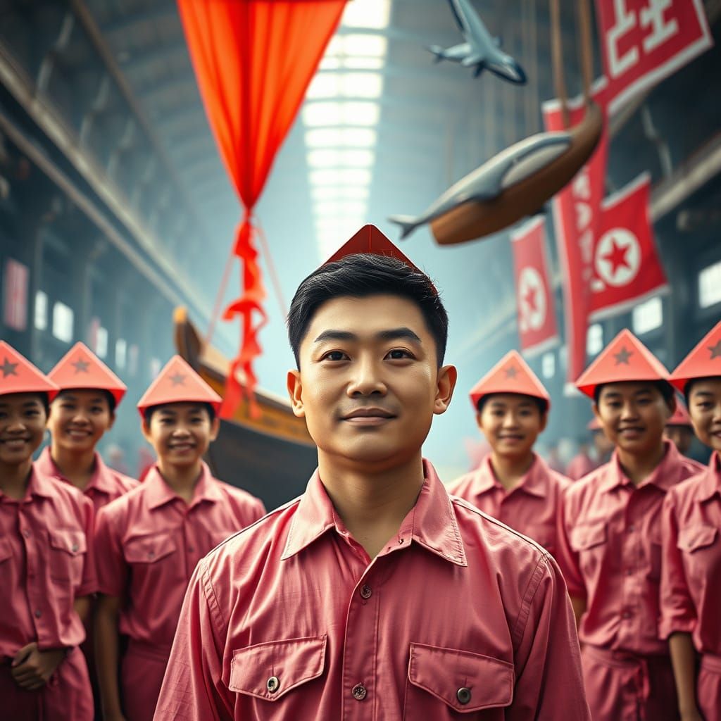 Revolutionary Workers Celebrate in Vibrant Factory Scene