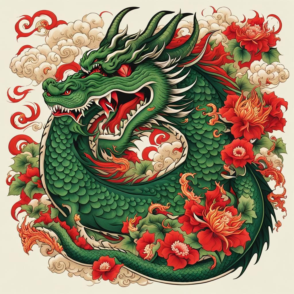 Japanese Dragon Art with Flowers and Flames