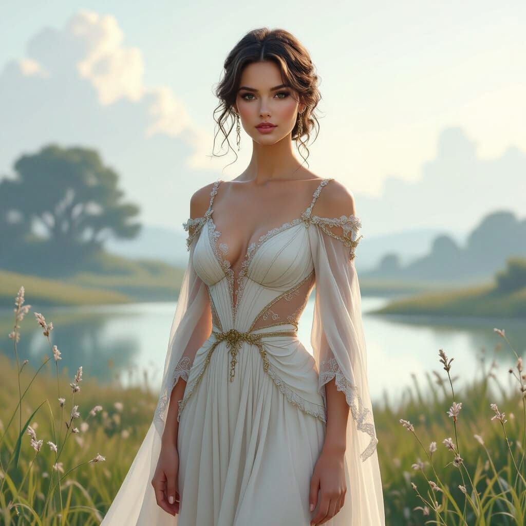 Elegant Woman in Serene Landscape, Whimsical Art