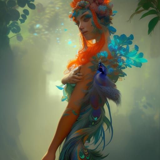 Peacock-Human Hybrid in Art Nouveau Style