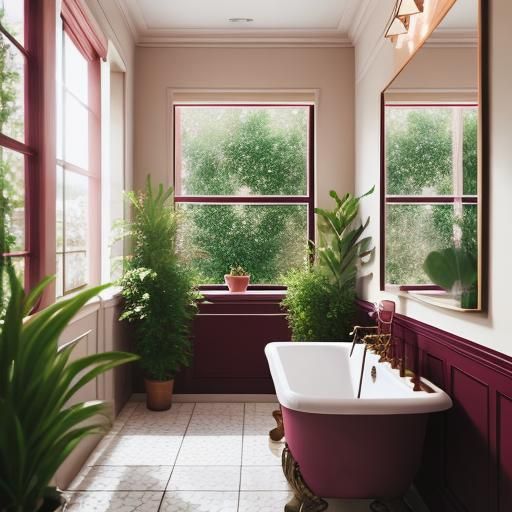 Elegant Peach and Burgundy Bathroom with Plants