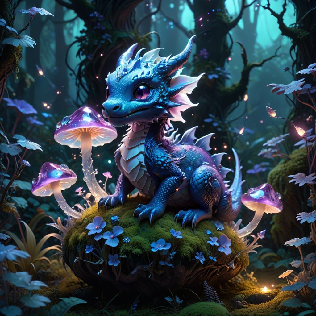 Chibi Dragon on Crystal Mushroom in Enchanted Forest