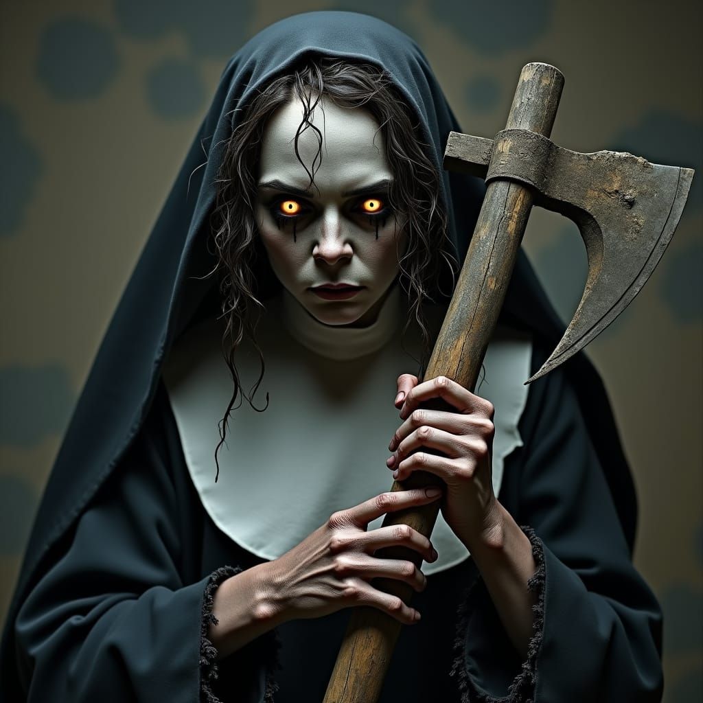 Eerie Nun with Pickaxe in Gothic Style