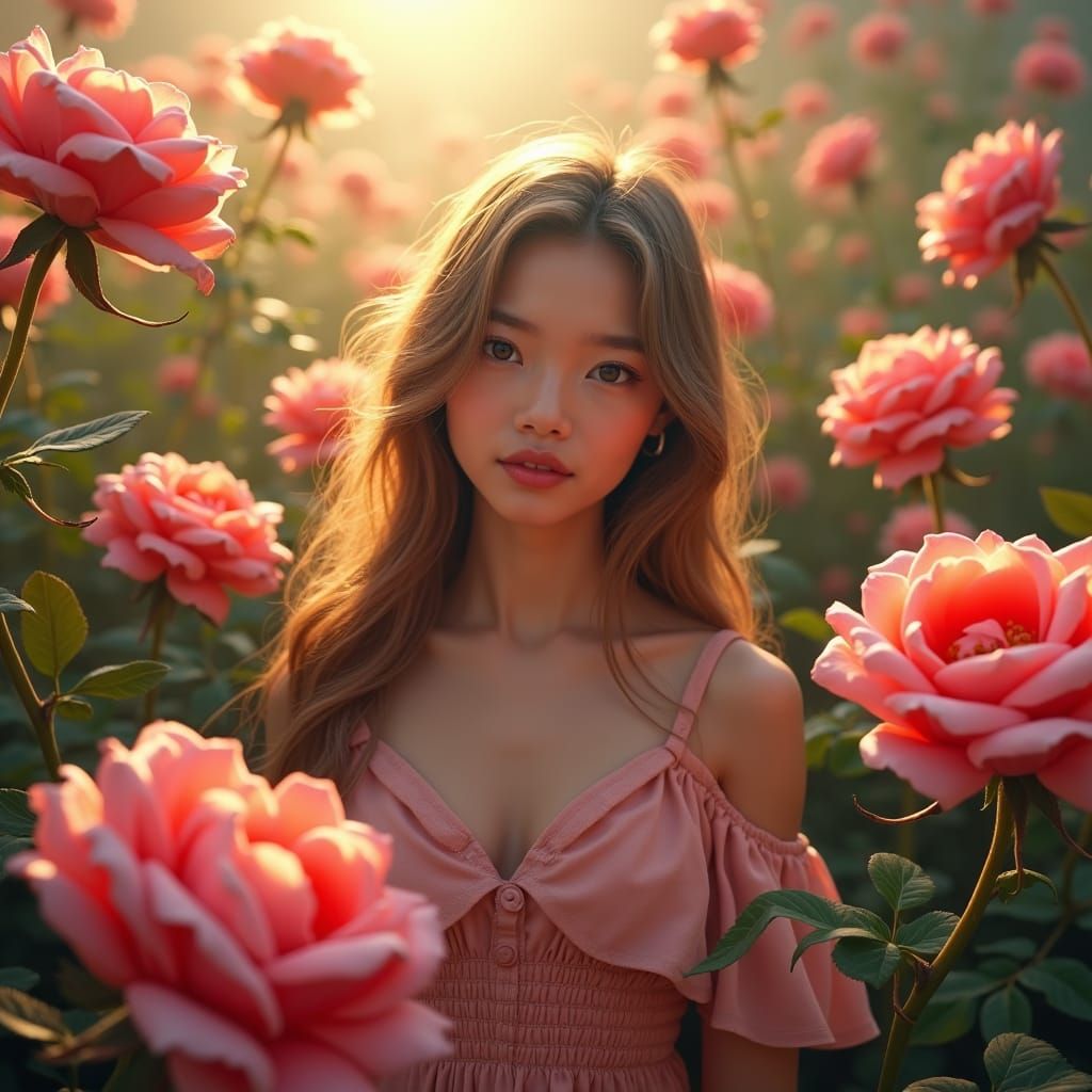 Young Woman in a Whimsical Rose Landscape