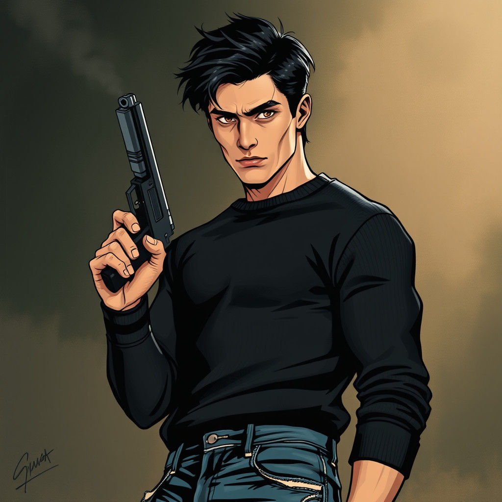 Noir-Inspired Man with Gun in Graphic Novel Style