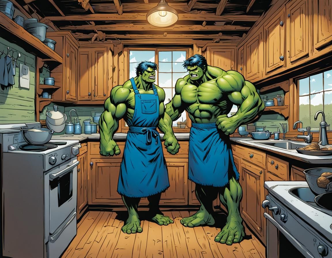 Hulk's Domesticity: Washing Dishes in Log Cabin Kitchen