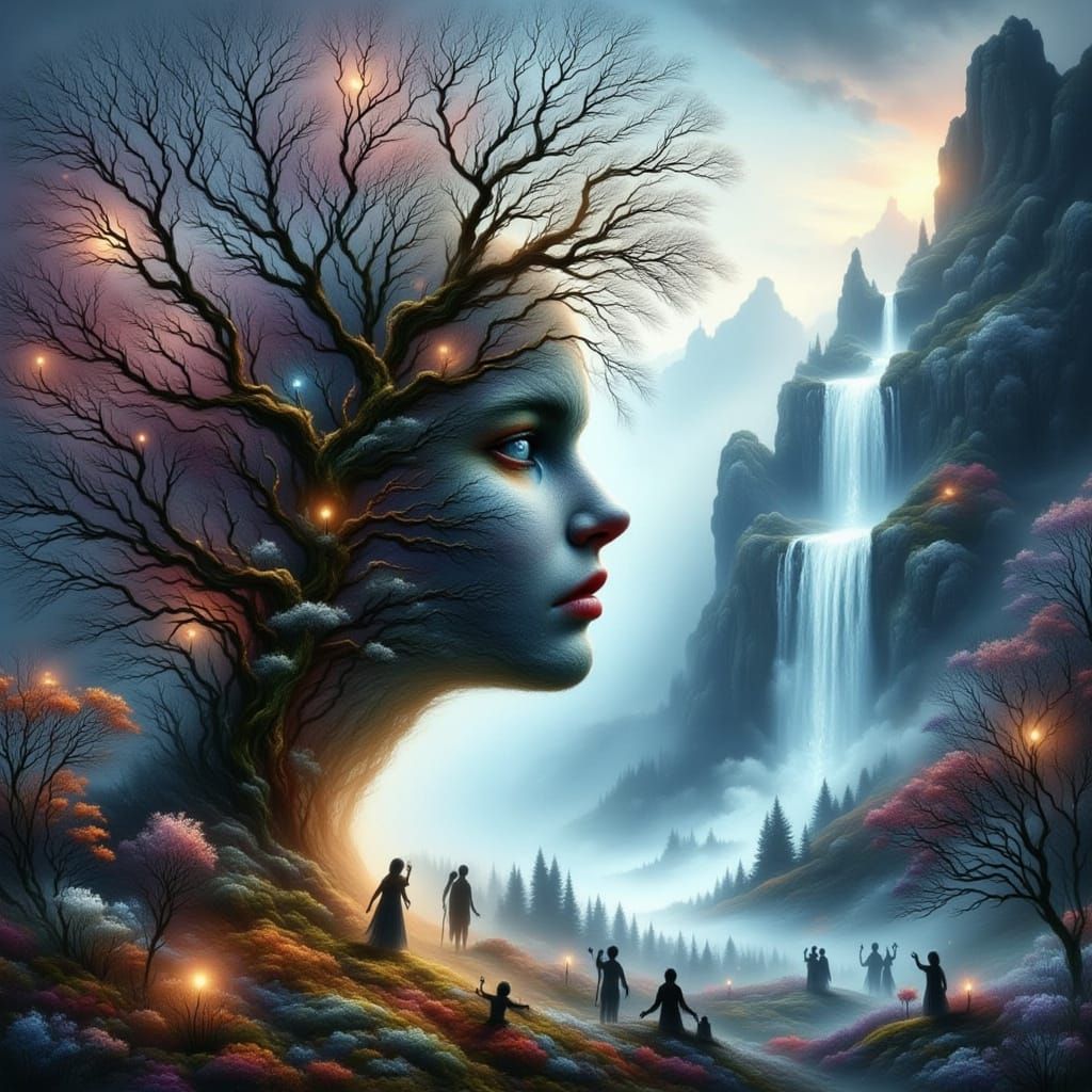 Moss-Haired Woman Crying in Mountain Landscape