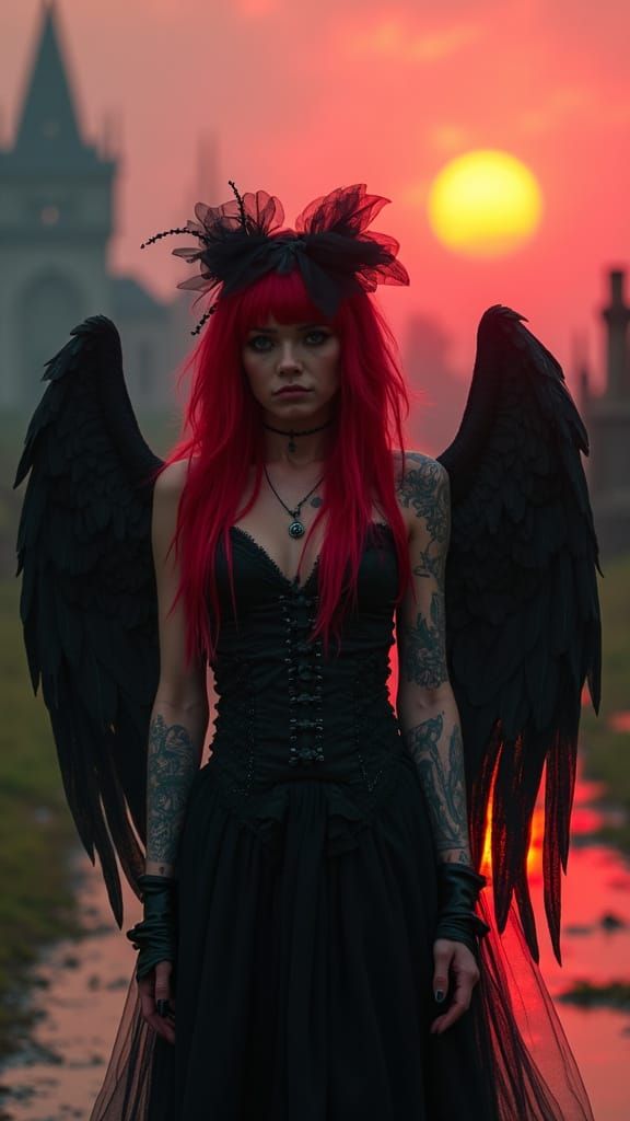 Dark Fantasy Model with Angel Wings on Runway