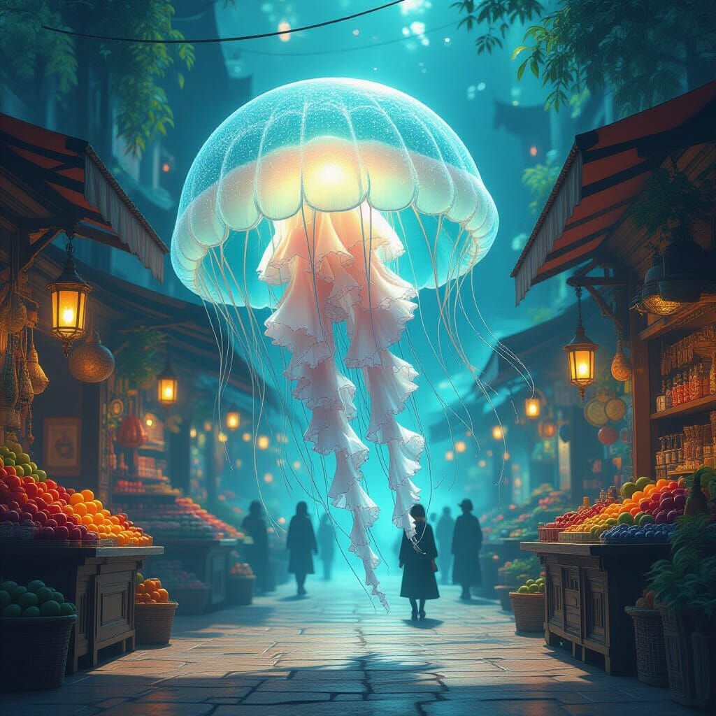 Bioluminescent Jellyfish in Enchanted Steampunk Marketplace