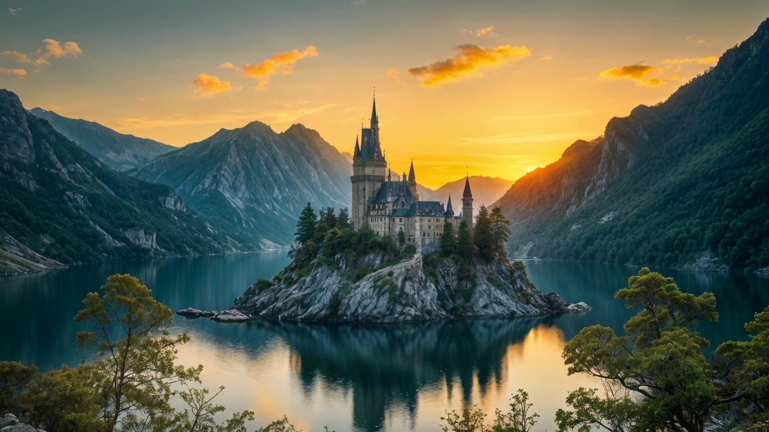 Fantasy Castle Island at Golden Hour Dawn
