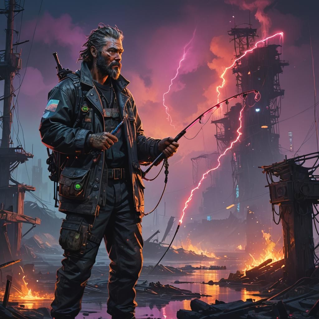 Cyberpunk Fisherman at the End of the World
