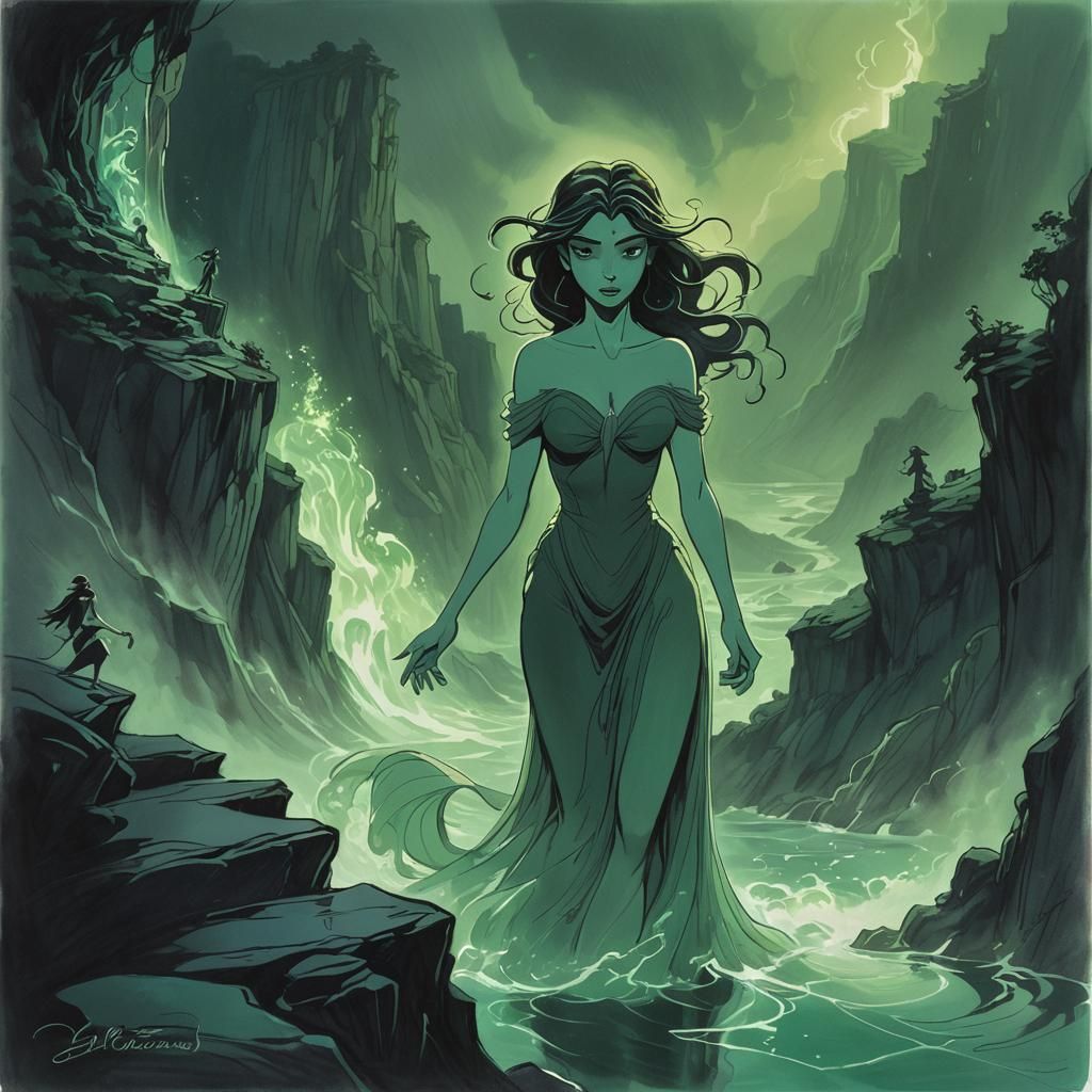 Art by Glen Keane, Megara standing on the cliff, looking dow...