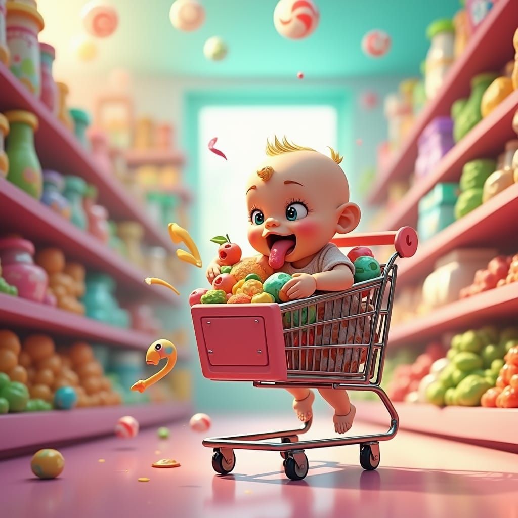 Whimsical Supermarket Wonderland in Vibrant Cartoon Style