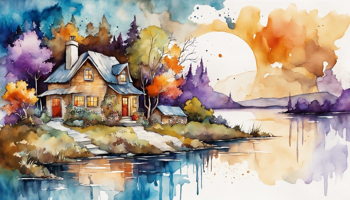 Fairytale Cottage by Lake in Riotous Colors