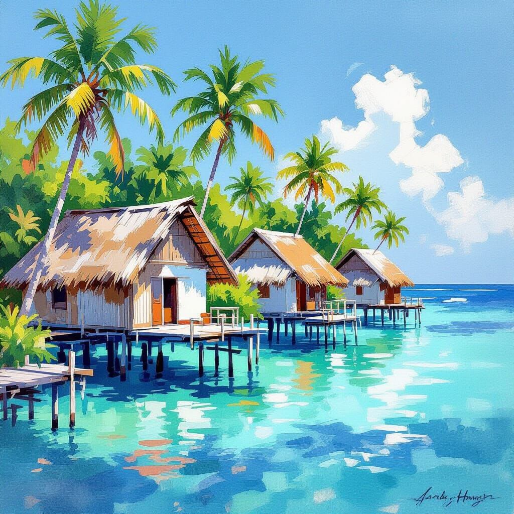 Vibrant Tropical Village on Stilts in Watercolor Style
